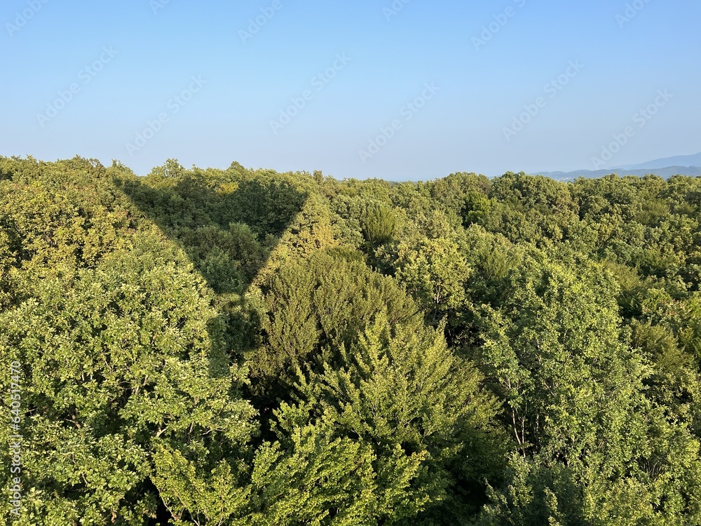 Fototapeta premium View of forests, fields, villages and Zagorje hills, during a panoramic balloon flight over Croatian Zagorje - Croatia (Panoramski let balonom iznad Hrvatskog zagorja - Hrvatska)