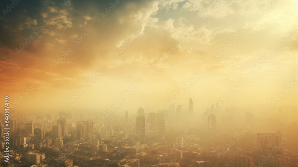 Polluted city skyline, air pollution, smoke, carbon emissions, global warming concept illustration, generative ai