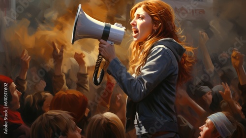 A woman raised her voice over a megaphone, leadership, protestor, freedom speech, peaceful protest concept illustration, generative ai photo