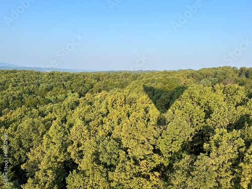 View of forests, fields, villages and Zagorje hills, during a panoramic balloon flight over Croatian Zagorje - Croatia (Panoramski let balonom iznad Hrvatskog zagorja - Hrvatska)