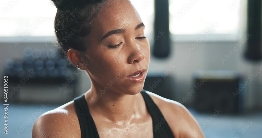 Tired, sweating and fitness with woman in gym for breathing, workout ...