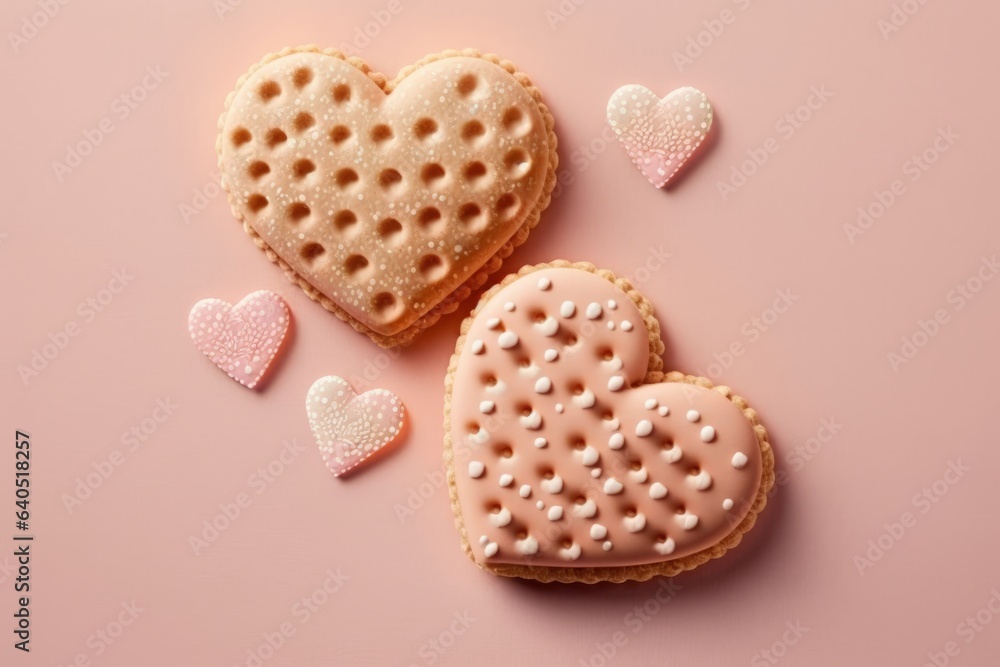 Heart-shaped cookies alluding to love, pink cookies on a pink background with berries around Heart-shaped cookies alluding to love, pink cookies on a pink background with berries around