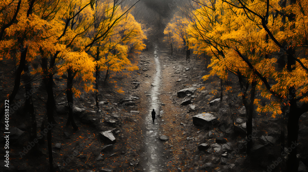 A man walking down a train in the woods - drone footage - overhead shot - autumn - peak leaves