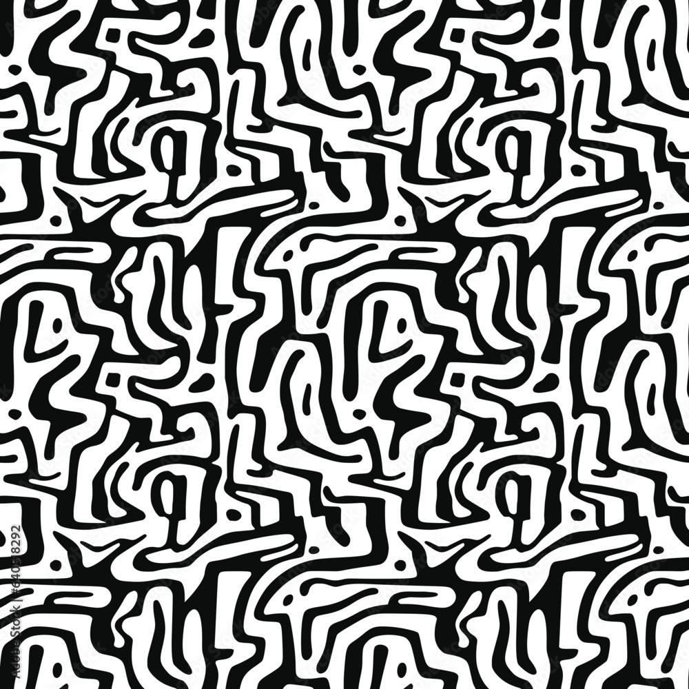 Seamless pattern. Abstract black doodles, curls, maze. Vector background.