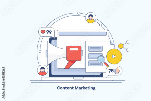 Content creation and publishing on social media, engage audience increase reactions and views with strategic content marketing effort, megaphone on laptop pc website vector illustration banner.