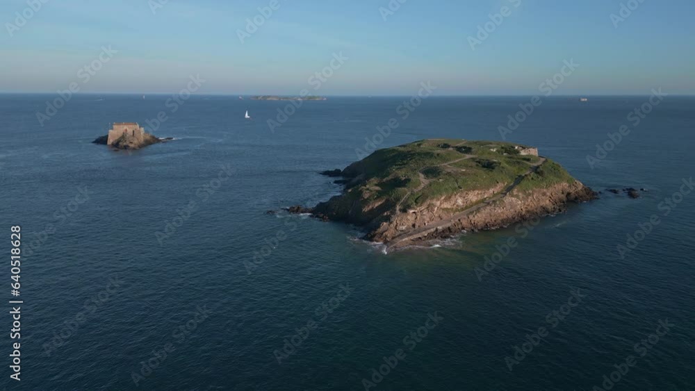 Grand Be and Petit Be islands in Saint Malo, Brittany, France. Aerial drone forward