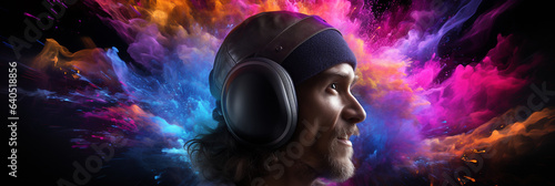 Hübscher DJ im Seitenprofil mit Kopfhörer und Holi Farbexplosion im Hintergrund im Querformat als Banner, ai generativ