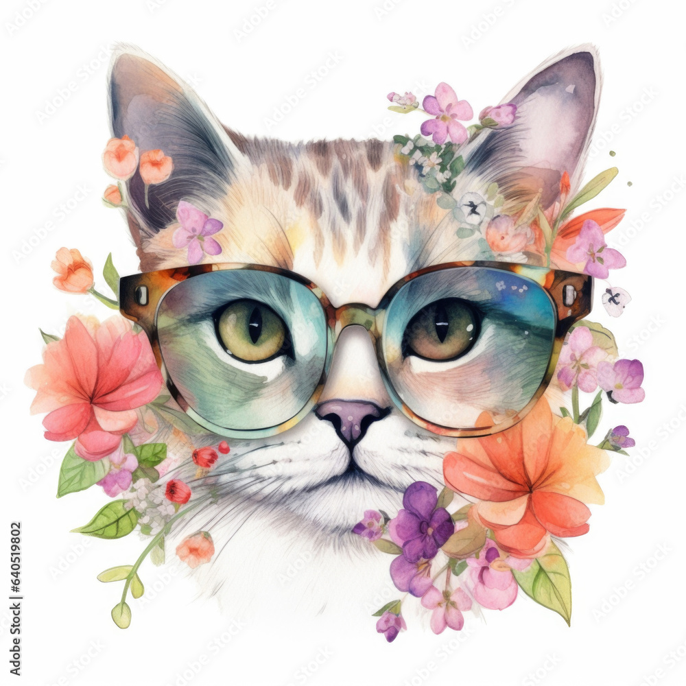 Fototapeta Cute colorful cat watercolor isolated on white background