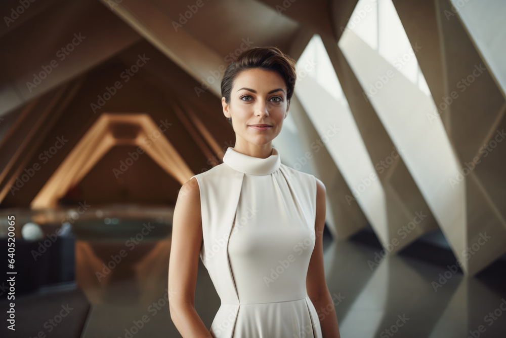Young businesswoman smiling at the camera in her futuristic workplace.