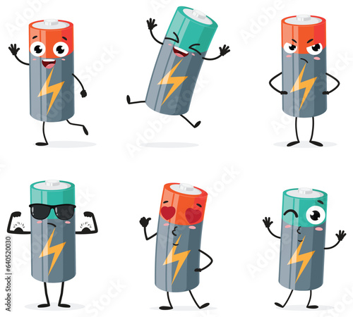 Cute battery cartoon characters, isolated on white background