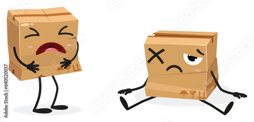 Broken cardboard and box cartoon characters, isolated on white background