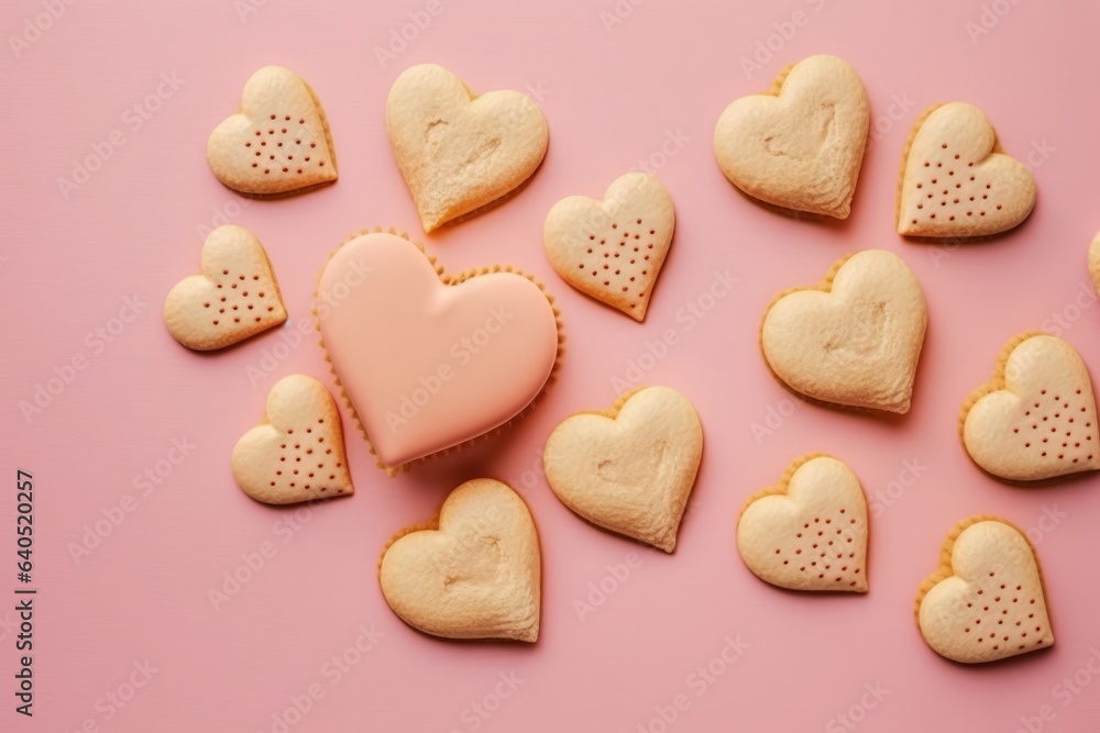 Heart-shaped cookie to give to your loved one, with small hearts around it, details of sugar sprinkled on the pink background