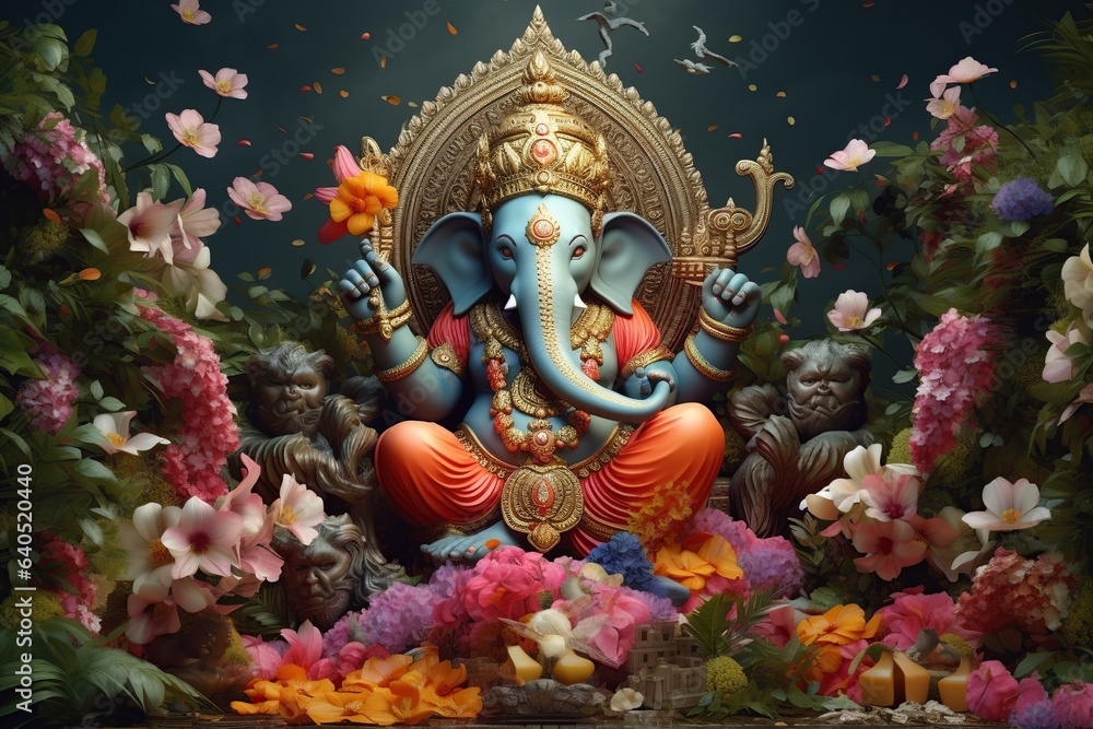 Fototapeta premium Lord Ganesha is surrounded by flowers. Ganesh Festival Indian Ganesh Chaturthi Festival