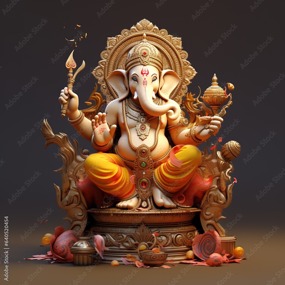 Lord Ganesha is surrounded by flowers. Ganesh Festival Indian Ganesh Chaturthi Festival