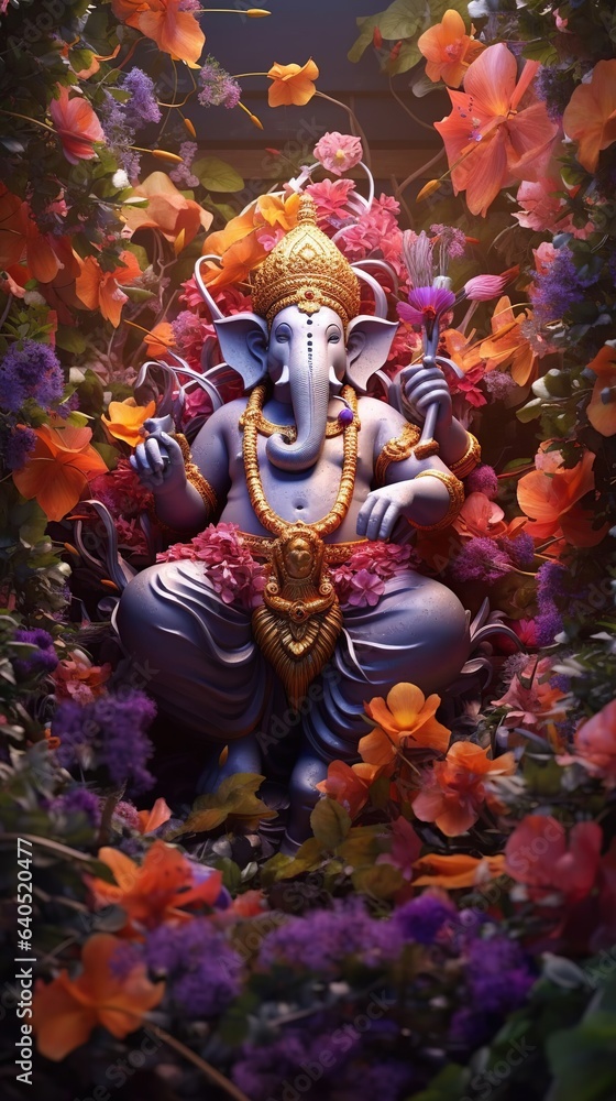 Lord Ganesha is surrounded by flowers. Ganesh Festival Indian Ganesh Chaturthi Festival