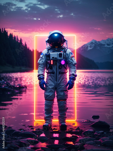 An astronaut stands on the shore of a lake, against a glowing large neon rectangle
