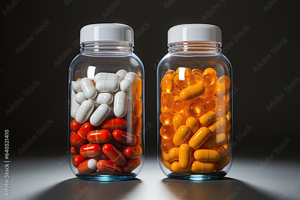 Two orange and white capsules filled with beads of medication Two orange and white capsules filled with beads of medication