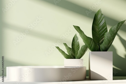 beautiful podium minimal scene white render plant set background beauty studio abstract green product monstera pedestal elegant shadow promotion palm natural showcase photo