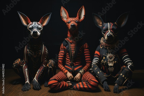 whimsical image of anthropomorphic dog wearing tribal clothing, Humour, dogs family wearing tribal clothing, Generative AI