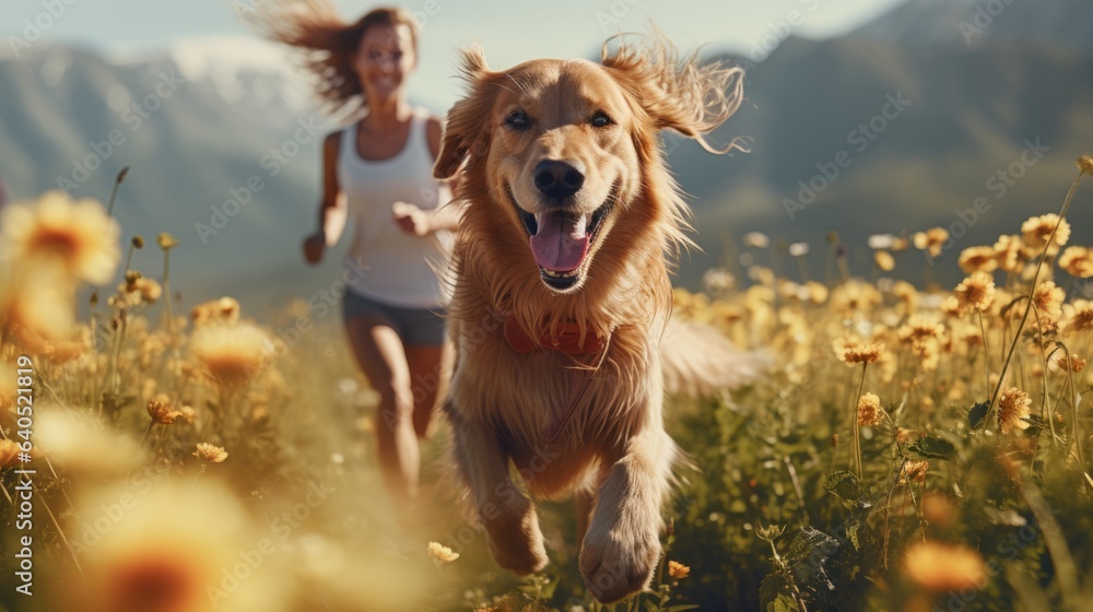Golden retriever dog is running with the owner, a happy, smile woman happily in the morning sunrise. Golden retriever dog is running with the owner, a happy, smile woman happily in the morning sunrise.