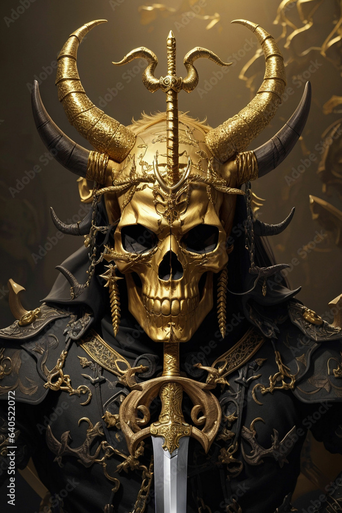 a golden skull with horn and a sword a golden skull with horn and a sword