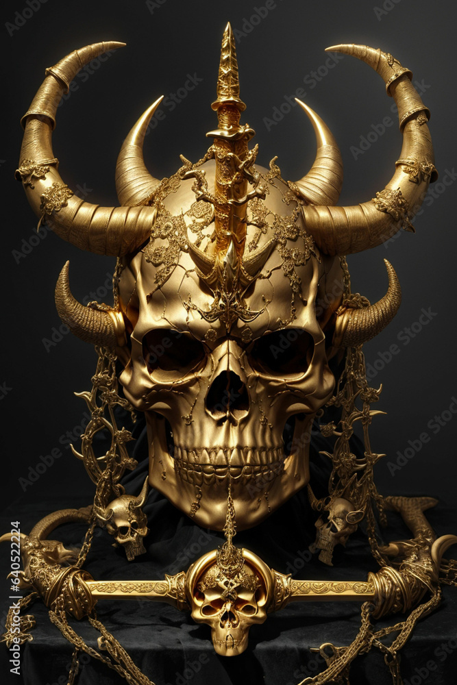 a golden skull with horn and a sword a golden skull with horn and a sword