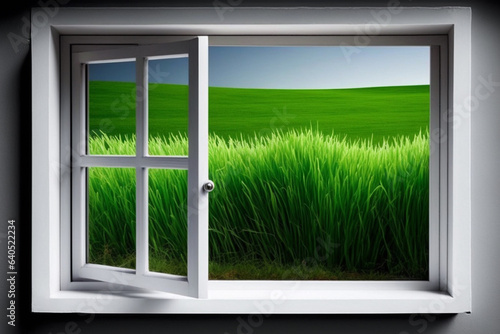 Open white window to beautiful spring landscape with green grass and blue sky