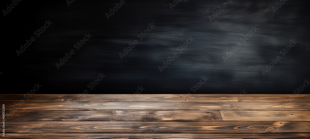 Blank wooden tabletop on black board wall background, mockup and display for product, banner style Blank wooden tabletop on black board wall background, mockup and display for product, banner style