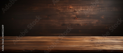 Blank wooden tabletop on black board wall background, mockup and display for product, banner style