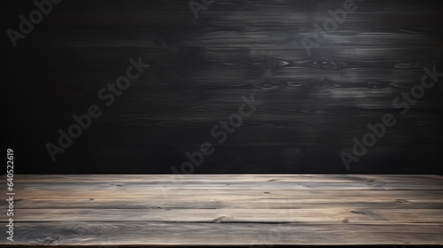 Blank wooden tabletop on black board wall background, mockup and display for product, banner style
