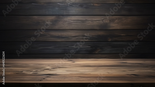 Blank wooden tabletop on black board wall background, mockup and display for product, banner style