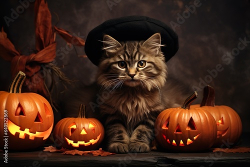 Photo a cat wearing witch hat sitting next to pumpkins