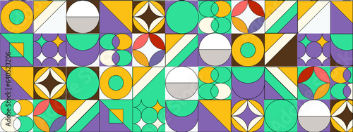 Abstract Geometric Pattern Artwork. Retro colors and color background. Grid with colored geometric shapes. Modern abstract promotional flyer, background, brochure, pattern.