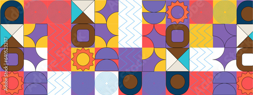 Abstract Geometric Pattern Artwork. Retro colors and color background. Grid with colored geometric shapes. Modern abstract promotional flyer, background, brochure, pattern.