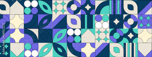 Abstract Geometric Pattern Artwork. Retro colors and color background. Grid with colored geometric shapes. Modern abstract promotional flyer, background, brochure, pattern.