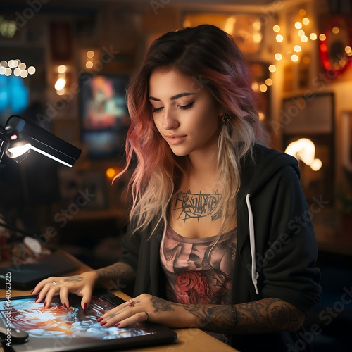 Fototapeta Naklejka Na Ścianę i Meble -  Young woman working on laptop. Girl with tattoo, designer freelancer, student work on computer laptop at table, tattoo artist