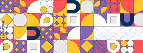 Abstract Geometric Pattern Artwork. Retro colors and color background. Grid with colored geometric shapes. Modern abstract promotional flyer, background, brochure, pattern.