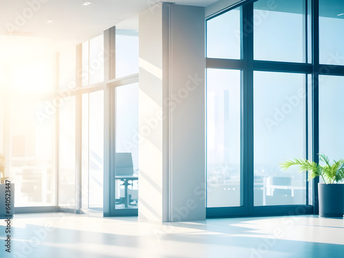 Serenity in Blur: Light-Drenched Modern Office Space with Panoramic Windows and Elegant Illumination