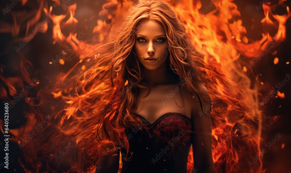 Photo of a woman with flowing hair in front of a roaring fire