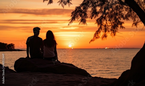 Photo of a couple enjoying a romantic sunset on a rocky beach © uhdenis