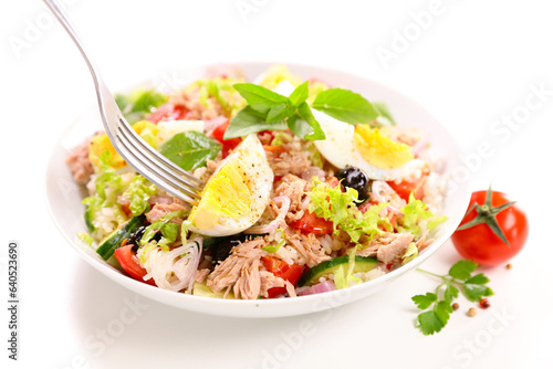 rice salad with egg, tuna and tomato photo