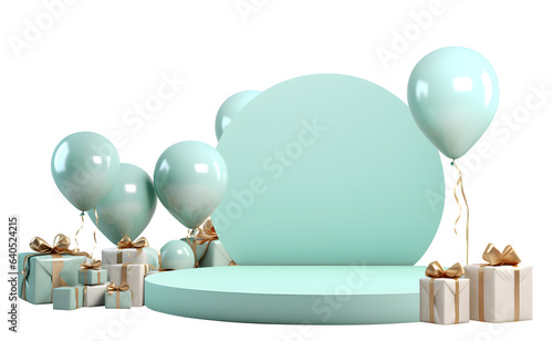 3D podium Gift boxes presents with balloons in the style of light teal, Empty display presentation product, isolated on white and transparent background, ai generate