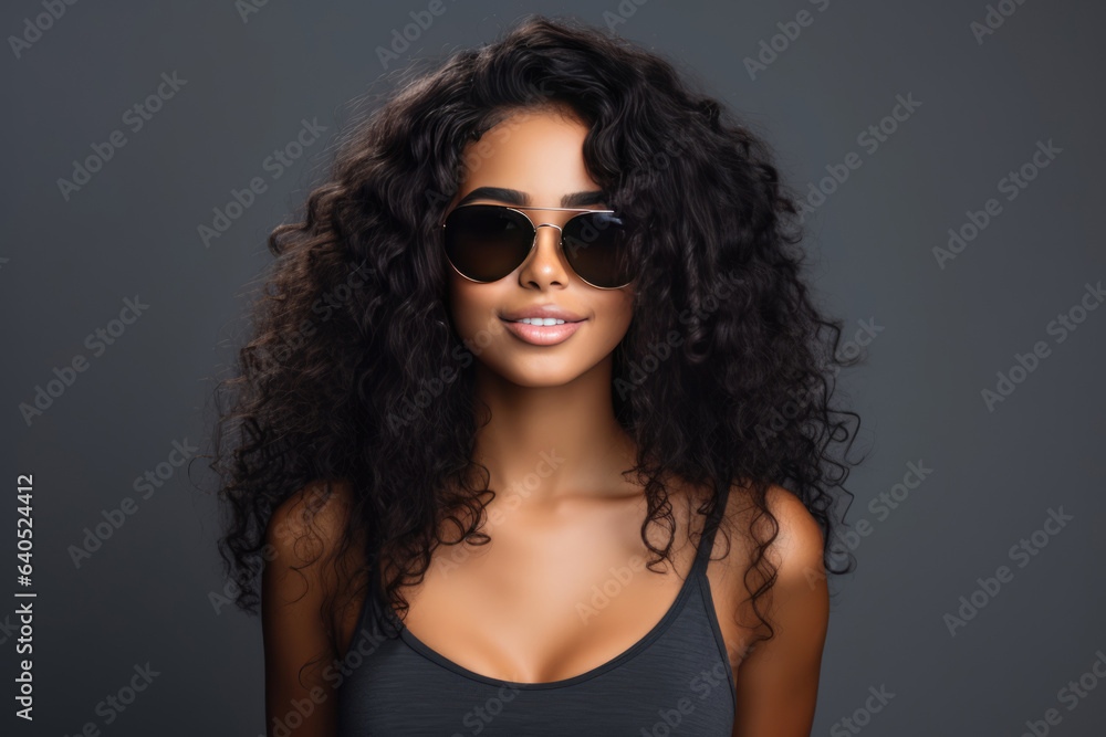 Beautiful Black Woman Years Old In Beachwear Wearing Sunglasses On Gray Background