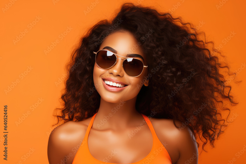 Beautiful Black Woman Years Old In Beachwear Wearing Sunglasses On Orange Background. Сoncept Black Beauty, Beachwear Fashion, Age And Confidence, Summer Vibes