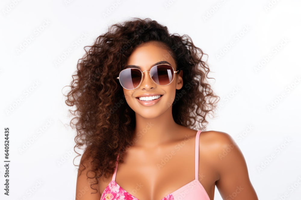 Beautiful Black Woman Years Old In Beachwear Wearing Sunglasses On White Background. Сoncept Black Beauty, Beachwear Fashion, Age And Confidence, Summertime Vibes Beautiful Black Woman Years Old In Beachwear Wearing Sunglasses On White Background. Сoncept Black Beauty, Beachwear Fashion, Age And Confidence, Summertime Vibes
