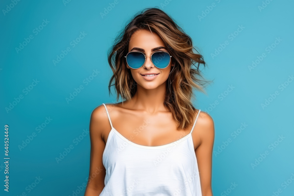 Beautiful European Woman Years Old In Beachwear Wearing Sunglasses On Blue Background. Сoncept European Women, Beachwear, Sunglasses, Blue Background