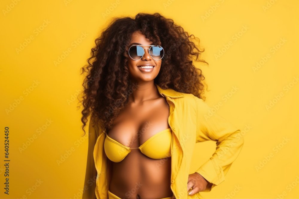 Beautiful Black Woman Years Old In Beachwear Wearing Sunglasses On Yellow Background. Сoncept Black Representation In Beachwear, Sunglasses For Protection And Style, The Beauty Of Aging Gracefully Beautiful Black Woman Years Old In Beachwear Wearing Sunglasses On Yellow Background. Сoncept Black Representation In Beachwear, Sunglasses For Protection And Style, The Beauty Of Aging Gracefully