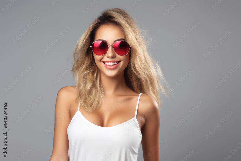 Naklejka premium Woman Wearing Red Sunglasses And White Tank Top. Сoncept Womenfashion, Redsunglasses, Whitetanktop, Styleinspo