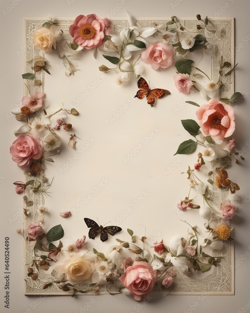 Vintage floral background with apples, berries, flowers and leaves.