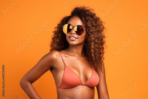 Beautiful Black Woman Years Old In Beachwear Wearing Sunglasses On Orange Background. Сoncept Beautiful Black Woman, Beachwear, Sunglasses, Aging Gracefully
